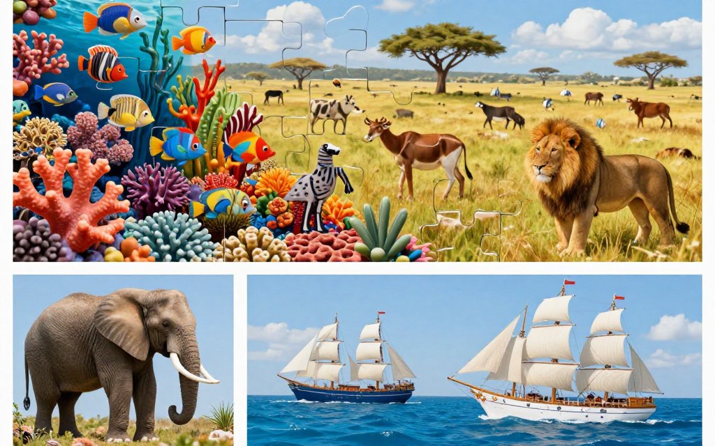 detailed close up sections of educa life puzzle showing ocean animals wild animals and sailboats