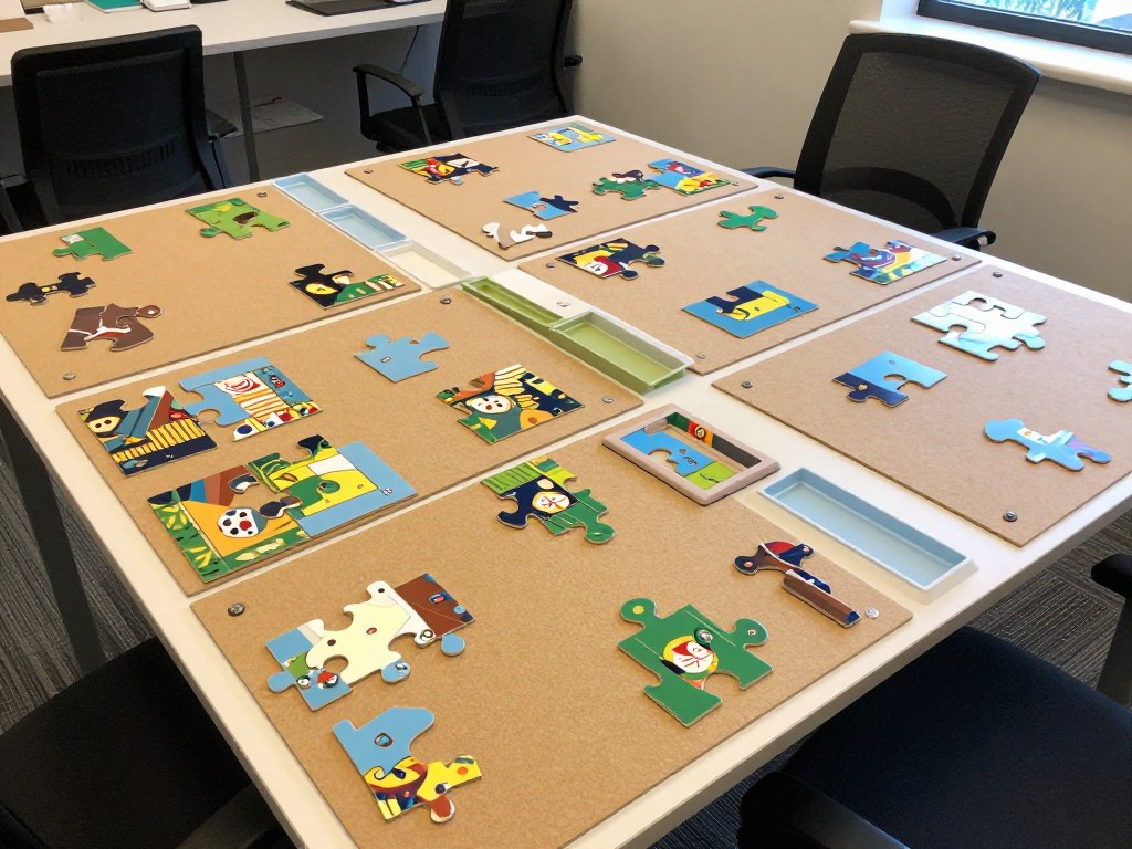 foam board puzzle workspace setup with multiple sections organized