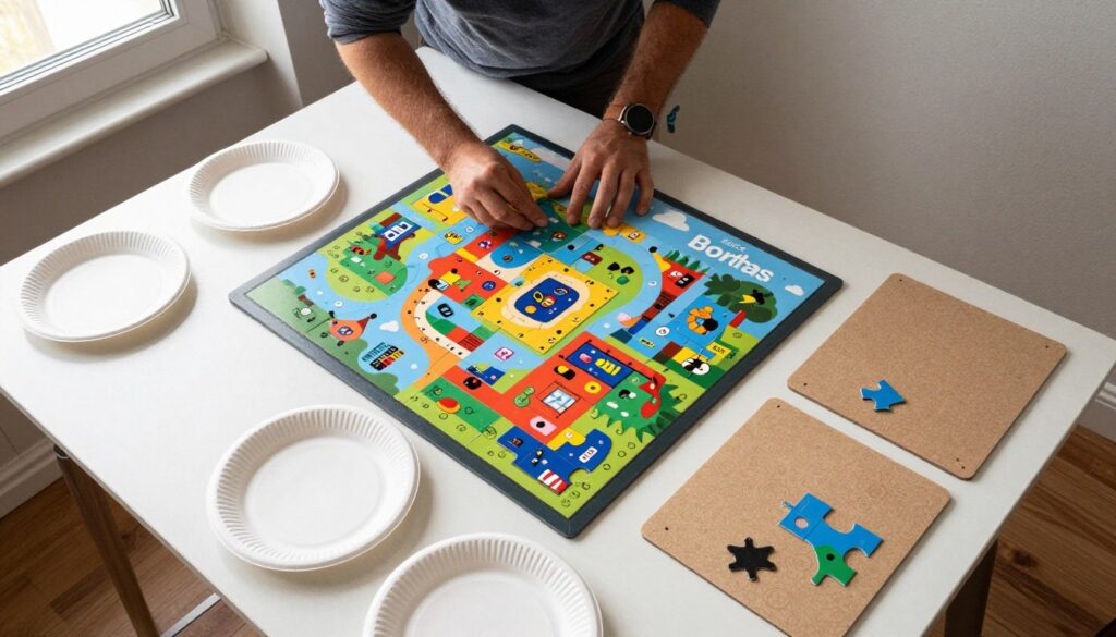 person working on educa borras puzzle pieces at table with sorting system