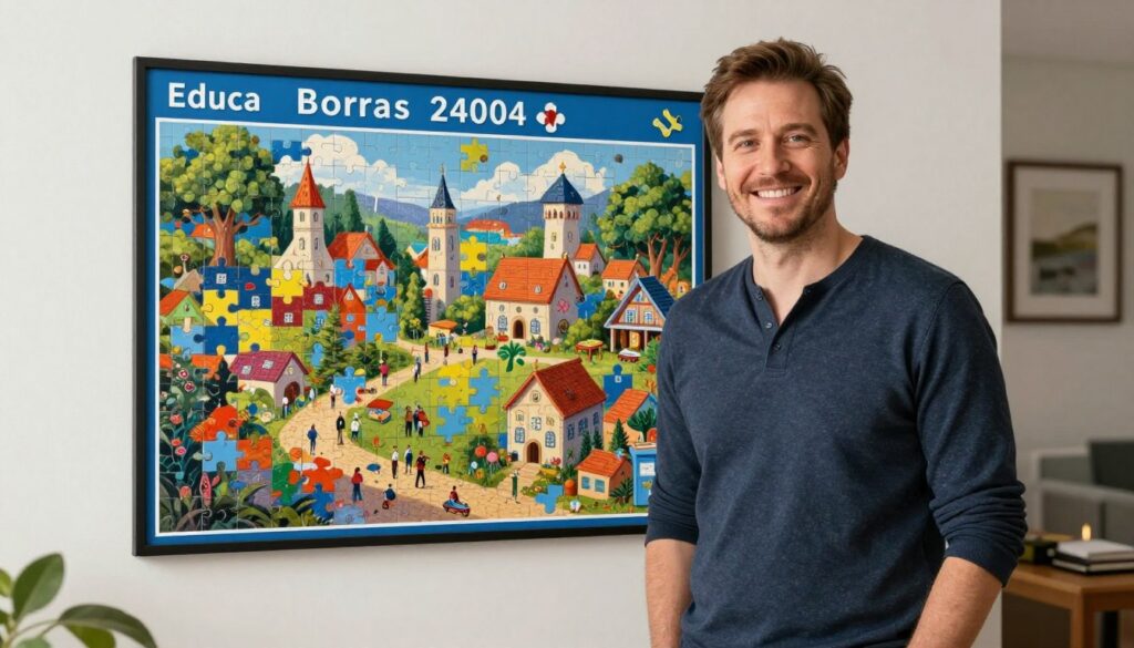 satisfied customer with completed educa borras puzzle displayed proudly